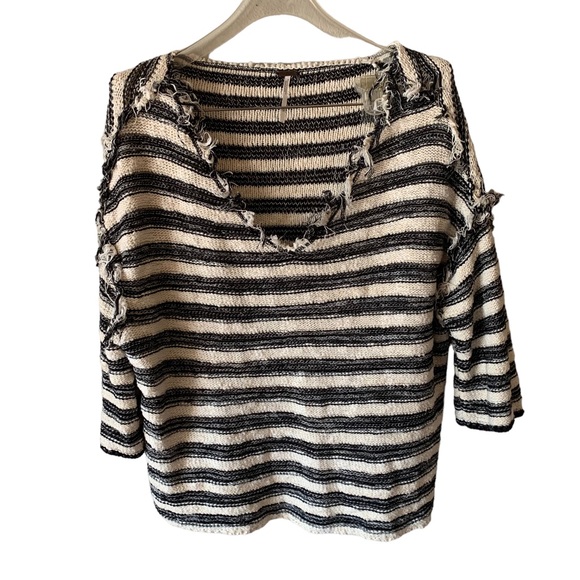 Free People Spells Trouble Striped Boho Distressed Raw Sweater in Size XS - Picture 2 of 6
